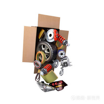 現代汽車維修理念汽車用品送貨車配件打開盒3d 渲染在白色無陰影